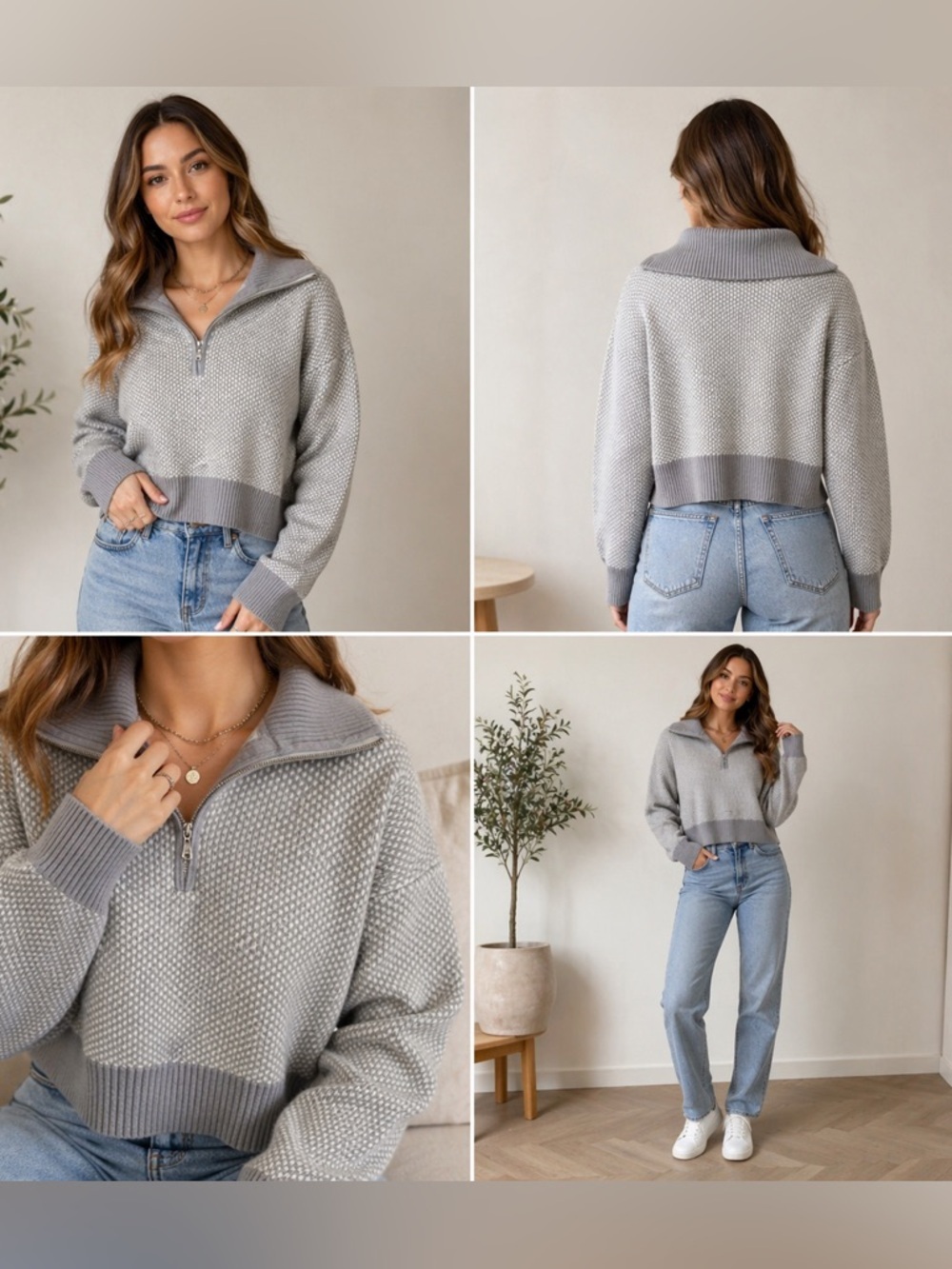 Rachel Zoe Gray Quarter Zip Knit Sweater Size L Textured Chic
